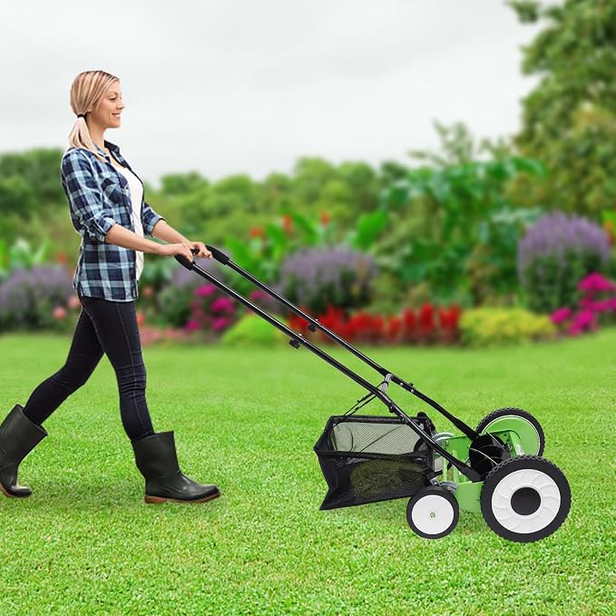 16 inch Push Reel Lawn Mower with Grass Catcher Green Black Lawn Sweeper with Collection Box Adjustable Height Manual Push Lawn Mower 5-Blade Lawnmower for Gardens Lawns (16" Green Black) - Image 3