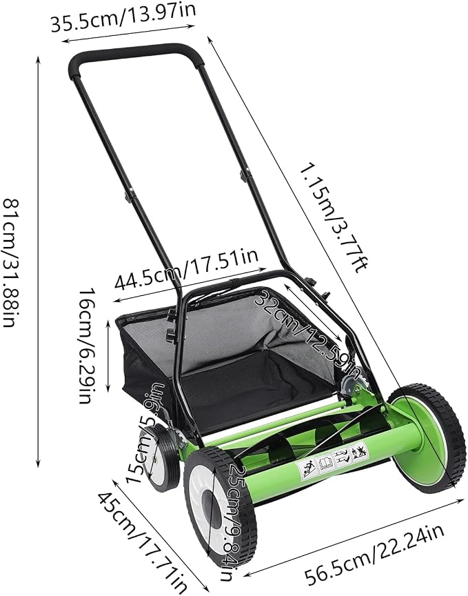 16-Inch 5-Blade Cordless Manual Reel Lawn Mower, Adjustable Cutting Height Manual Reel Mower with Removable Grass Collection Basket, 4 Wheels - Image 6