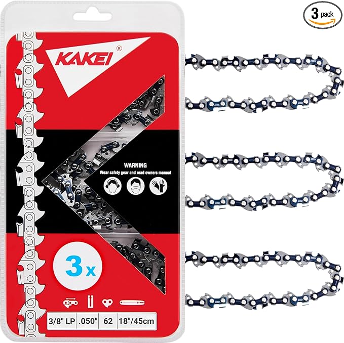 KAKEI 18 Inch Chainsaw Chain 3/8" LP Pitch .050" Gauge 62 Drive Links Fits Poulan, Kobalt, Echo, Ego, Greenworks and More- S62 (3 Chains) - Semi Chisel by KAKEI