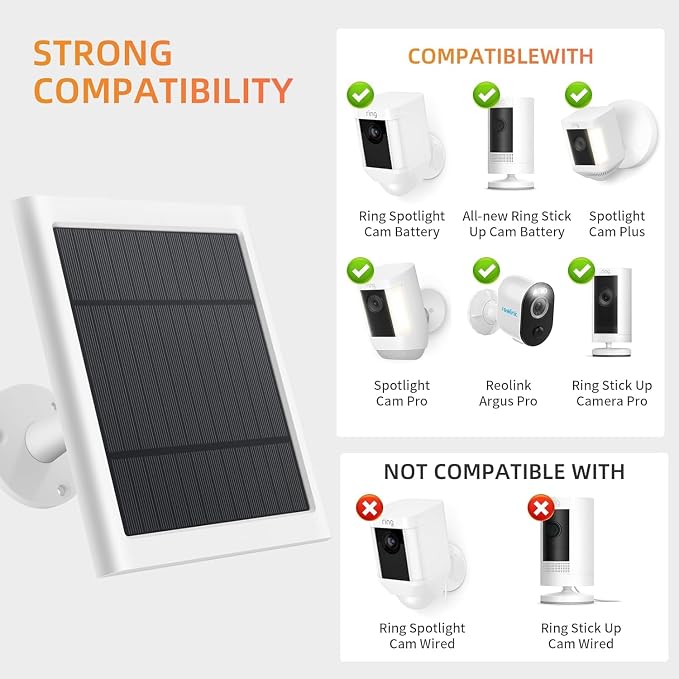 Solar Panel for Ring Camera, 2 Pack 4W Solar Charger Compatible with Rings Spotlight &All-New Stick Up Outdoor Cam Battery, 10ft Long Cable with USB-C to Ring Barrel Plug Adapter - Image 2