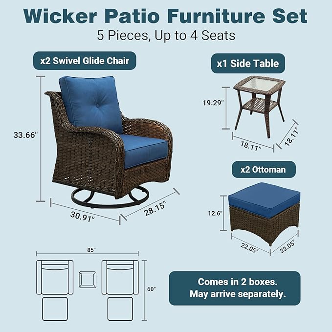 Patio Furniture Set, 5PCS Outdoor Wicker Conversation Set with 6" Thick Cushions, High Back Swivel Rocker Chairs, Weather Resistant Olefin Fabric for Garden, Poolside, Navy Blue