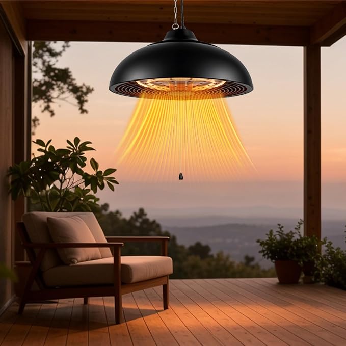 1500W Electric Hanging Patio Heater, 3S Instant Heat, Ceiling-Mounted Outdoor Heater with 3 Modes, Quiet Operation, Overheat Protection, IP55 Waterproof for Patio, Balcony (black, hanging)