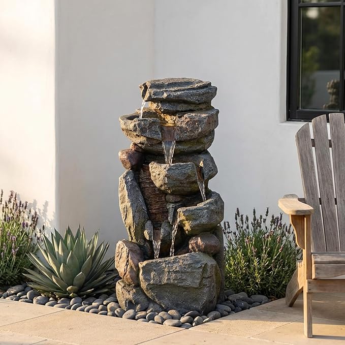 Water Features Outdoor Patio 6-Tier Cascading Rock Water Fountain 31.5''Water Fall Fountain Outside Resin Fountain with Light Mossy Rock Floor Garden Fountain Indoor for Relaxation Home Decor