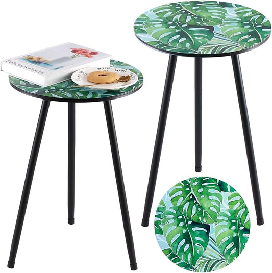 Metal Outdoor Side Tables Set of Two Small Outside Round End Table for Patio Modern Accent Garden Corner Table for Small Spaces, Balcony, Porch, Weather-Resistant, Plant Stand Indoor, Green Leaves by PartyZealot