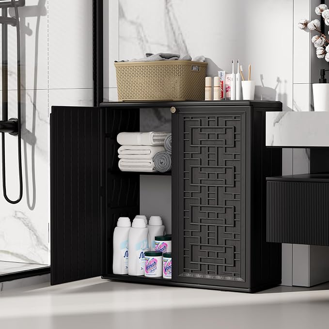 ZZM HDPE Outdoor Storage Shed, Outdoor Plastic Storage Cabinet, Horizontal Resin Tool Shed for Garden, All Weather Outdoor Storage Clearance, DIY Usage, with one Shelf (Black) - Image 4