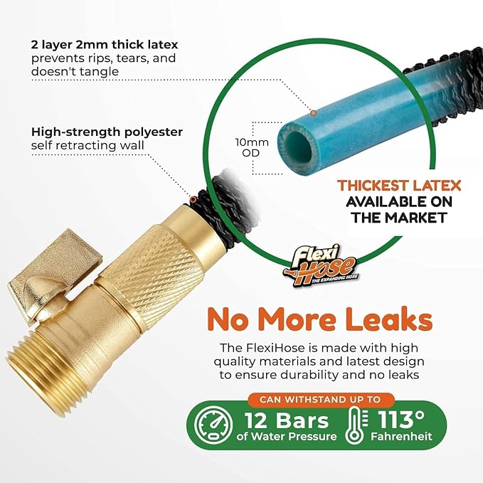 Flexi Hose Expandable Garden Hose with 8 Function Nozzle, 50FT - Lightweight Retractable Garden Hose, Water Hose - No-Kink Flexibility, 3/4 Inch Solid Brass Fittings and Double Latex Core - Image 4