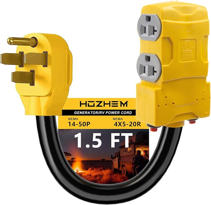 50 Amp to 20 Amp 110V RV Distribution Adapter, NEMA 14-50P to 4 X 5-20R/15R RV Generator Adapter, 4-Prong to Mutiple Household Outlet w/ 20amp Circuit Breaker, 1.5FT by HOZHEM