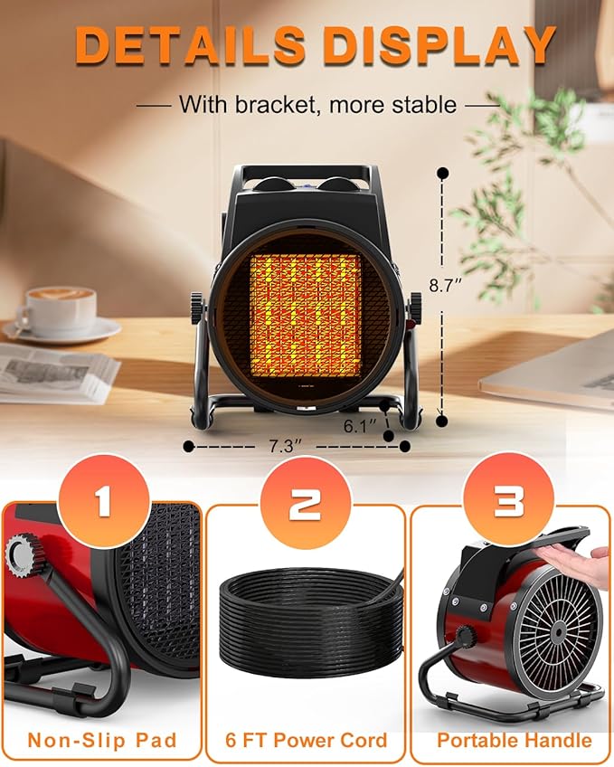 Outdoor Patio Heater, 1500W Outdoor Heaters for Patio Overheat Protection, 3S Fast Heating, Garage Heaters with Long Cord for Greenhouse, Patios, Outdoor Use