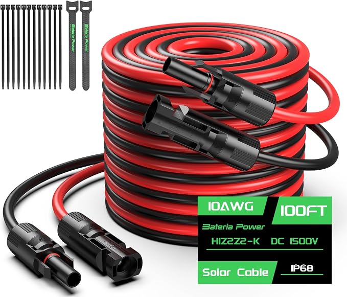 Bateria Power 100FT 10AWG Solar Panel Extension Cable, 6mm² Solar Extension Cable Wire with Female & Male Waterproof Connectors for RV, Photovoltaic Systems, Set of 2 by BateriaPower