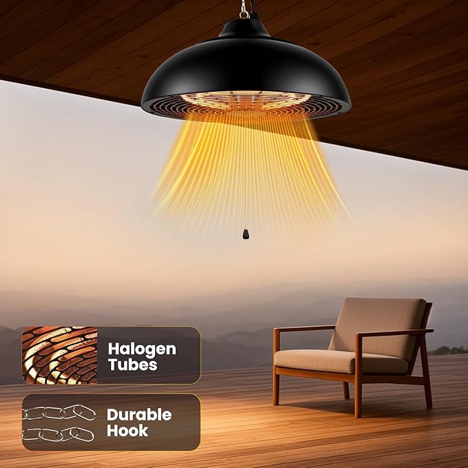 1500W Electric Hanging Patio Heater, 3S Instant Heat, Ceiling-Mounted Outdoor Heater with 3 Modes, Quiet Operation, Overheat Protection, IP55 Waterproof for Patio, Balcony & Garage