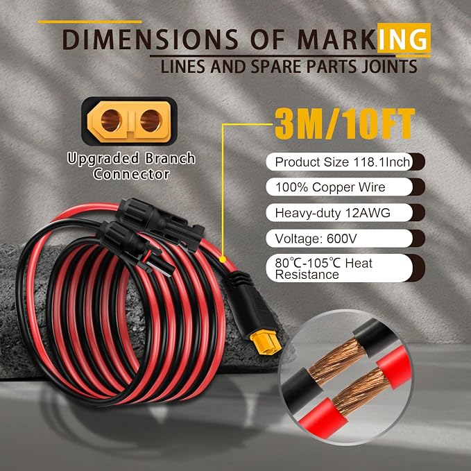 COMeap Solar Panel Cable for Ecoflow Anker SOLIX 12AWG, 10FT/3M Compatible with MC-4 to XT60 Plug Solar Panel Connector Adapter Extension for Portable Power Station Solar Generator RV - Image 6