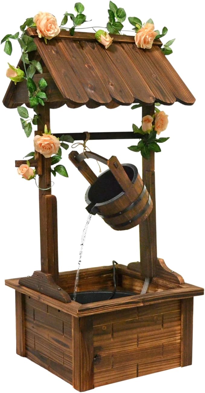 Wishing Well Water Fountains for Outside Patio Yard Decorative Wood Patio Outdoor Fountain with Adjustable Flow Submersible Electric Pump