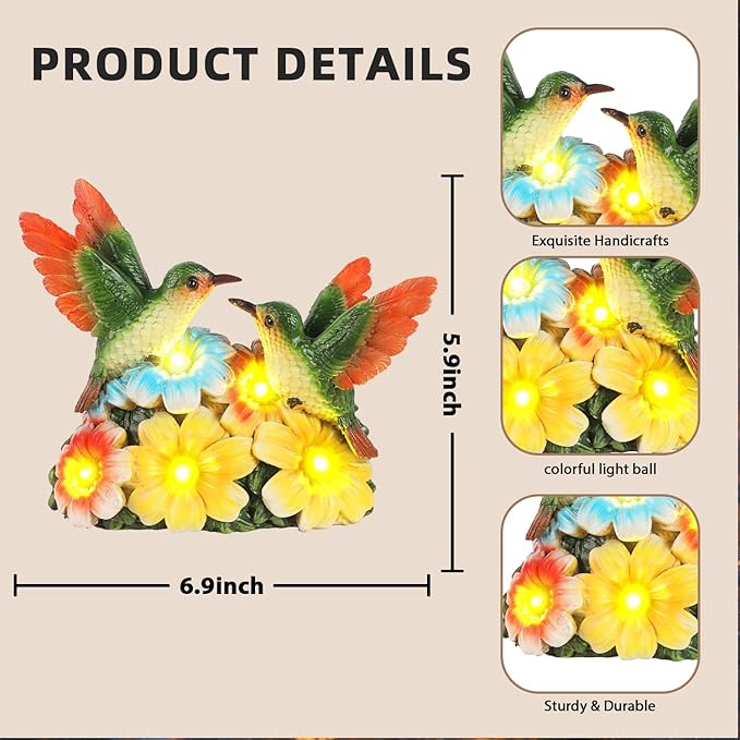 Solar Hummingbird Garden Statues 5.9" Resin Hummingbird Figurine Waterproof Bird Solar Lights Outdoor Yard Patio Decor Lawn Ornaments Unique Housewarming Birthday Gifts for Women Mom Grandma