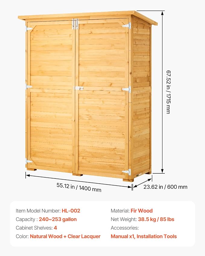 VEVOR Outdoor Storage Shed, Large Wooden Outside Storage Cabinet with Waterproof Roof and Metal Frame, Double Lockable Doors Garden Tool Shed Storage House Cabinet with Shelves, 55.1"x23.6"x67.5" - Image 7