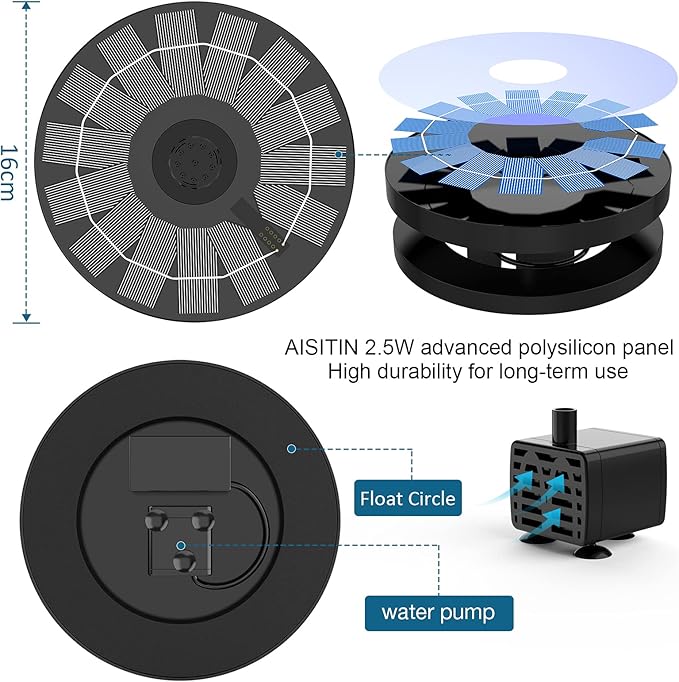 AISITIN Solar Fountain Pump 2.5W, 6.7" Solar Powered Water Fountain Pump for Bird Bath, solar pump for fountain with 6 Nozzles for Garden, Ponds, Pool, Fish Tank, Outdoor and Aquarium