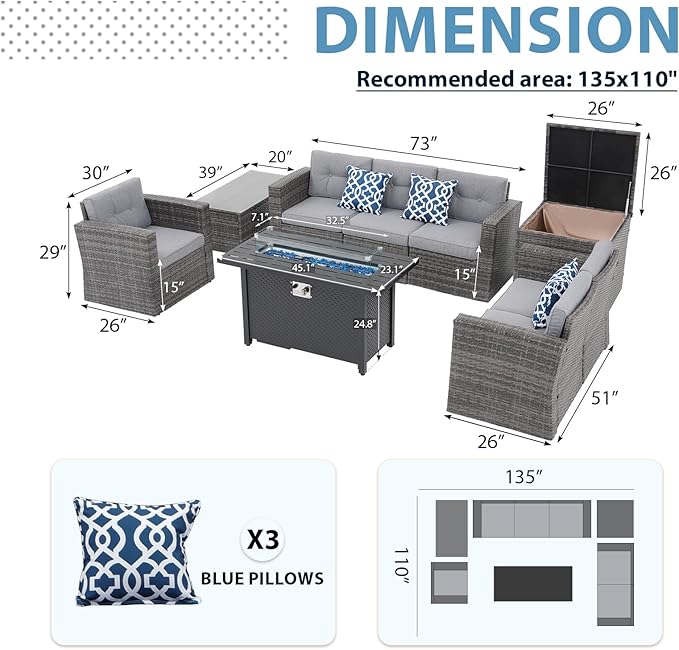 JOIVI 9 Pieces Outdoor Patio Furniture Set with 45” Fire Pit Table, Rattan Patio Conversation Set with 50000 BTU Gas Fire Pit, Wicker Outdoor Sectional Sofa Set with Storage Box and Coffee Table, Gray