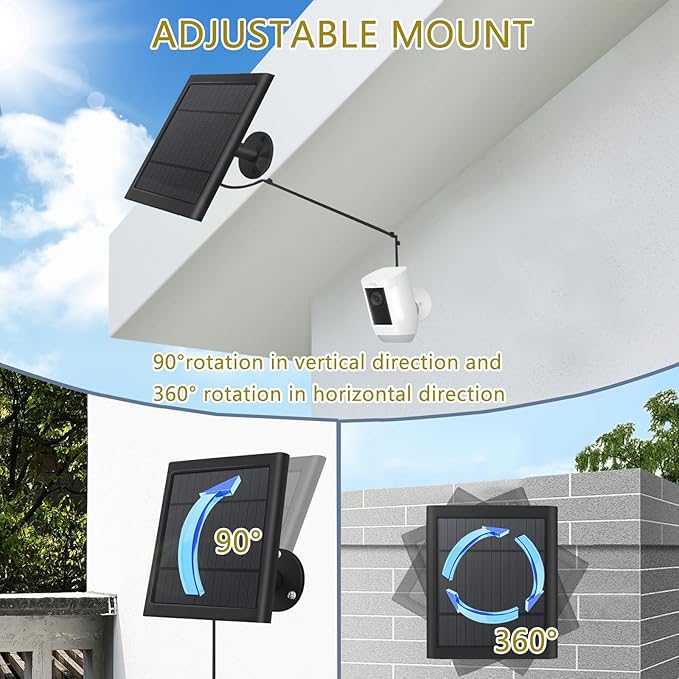 1 Pack - Solar Panel for Ring Security Camera Spotlight Cam Plus/Pro(Battery) Stick Up Cam/Pro Wireless Outdoor with 10FT/3M Long Cable Dustproof Waterproof BK - Image 3