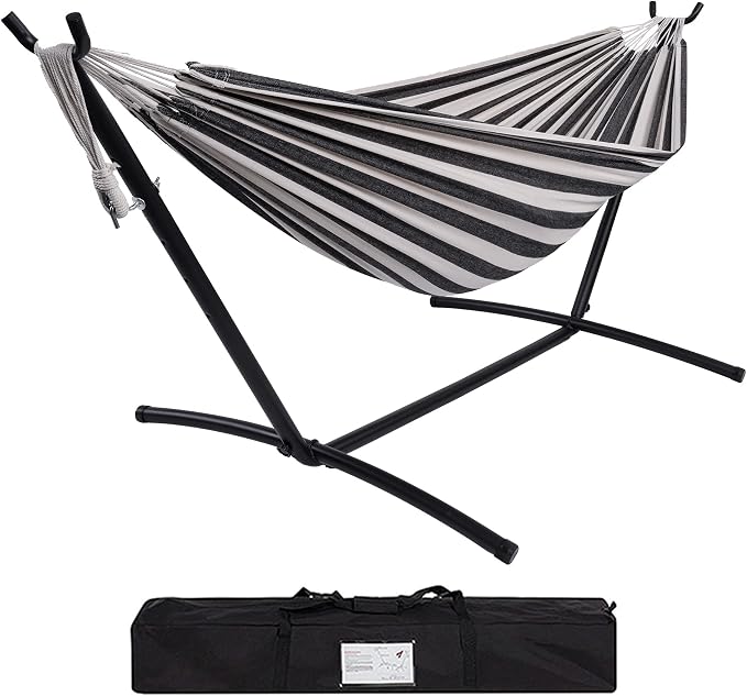 Prime Garden Hammock with Stand for Outside, Heavy Duty Space Saving Steel Stand with 450 lb Capacity,Double Hammock with Portable Carrying Bag, Hamacas para Adultos for Outdoors, Patio, Garden, Yard by PrimeGarden