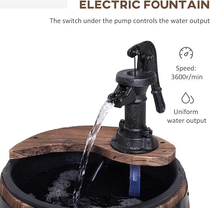 Outsunny 23" H Outdoor Water Fountain Wood and Plastic Rustic Apple Barrel Pump Garden Decor for Outside Backyard