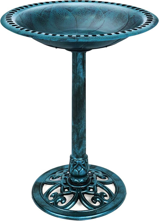 Best Choice Products 28in Pedestal Bird Bath, Vintage Outdoor Resin Accent Decoration w/Fleur-de-Lis Accents - Peacock Blue
