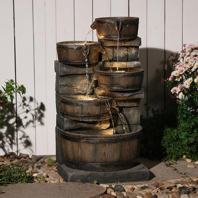 25.59" H Outdoor Water Fountain with LED Lights, 4-Tier Cascading Waterfall Fountain, Rustic Wood Barrel Resin Outdoor Water Fountain for Garden Patio Backyard Porch Indoor Decor