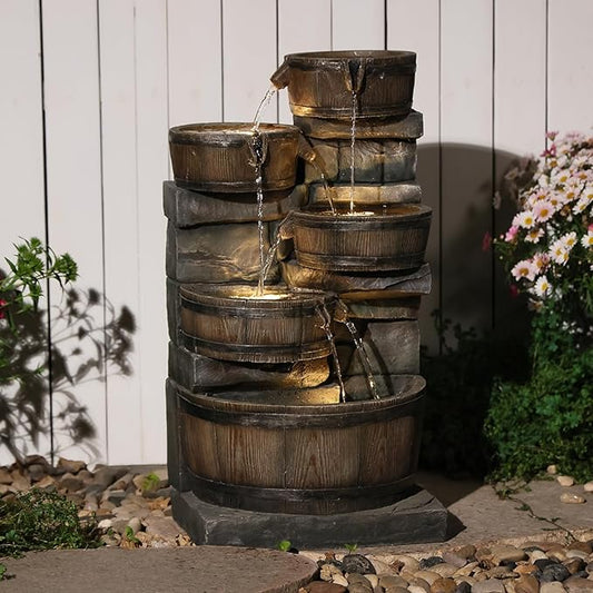 25.59" H Outdoor Water Fountain with LED Lights, 4-Tier Cascading Waterfall Fountain, Rustic Wood Barrel Resin Outdoor Water Fountain for Garden Patio Backyard Porch Indoor Decor