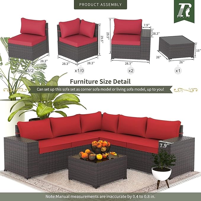 6 PCS Outdoor Patio Furniture Set,Outdoor Sectional Furniture All Weather PE Rattan Wicker Patio Conversation Set with Coffee Table and 5 Thickened Cushions,Red