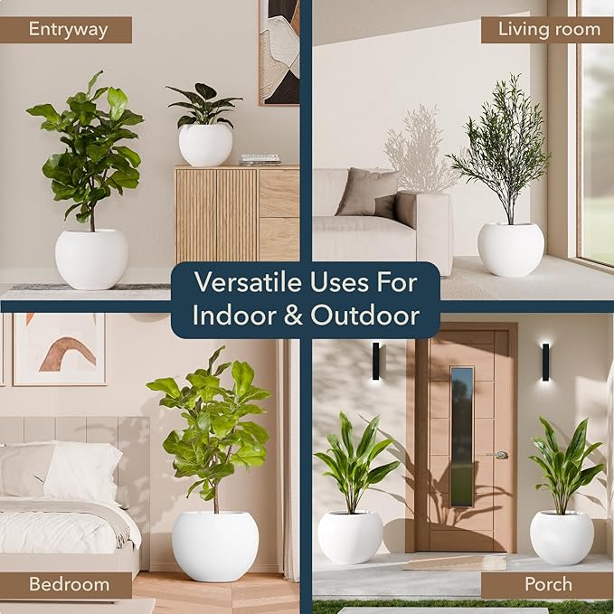 12.8"H x 16"D Premium Globo Fiberstone Round Planter with Drainage Hole, Smooth Finishes, Weather Resistant for Indoor and Outdoor Use, Included 2 Extra Coco Mats (White, 10.7" Pot Opening)