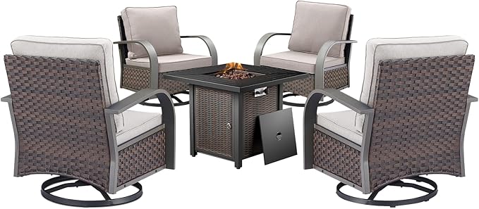 HUMMUH Outdoor Furniture with Fire Pit -Patio Table and Chairs Set of 4 Swivel Patio Chairs for Deck Porch Garden Poolside Backyard-Brown/Beige