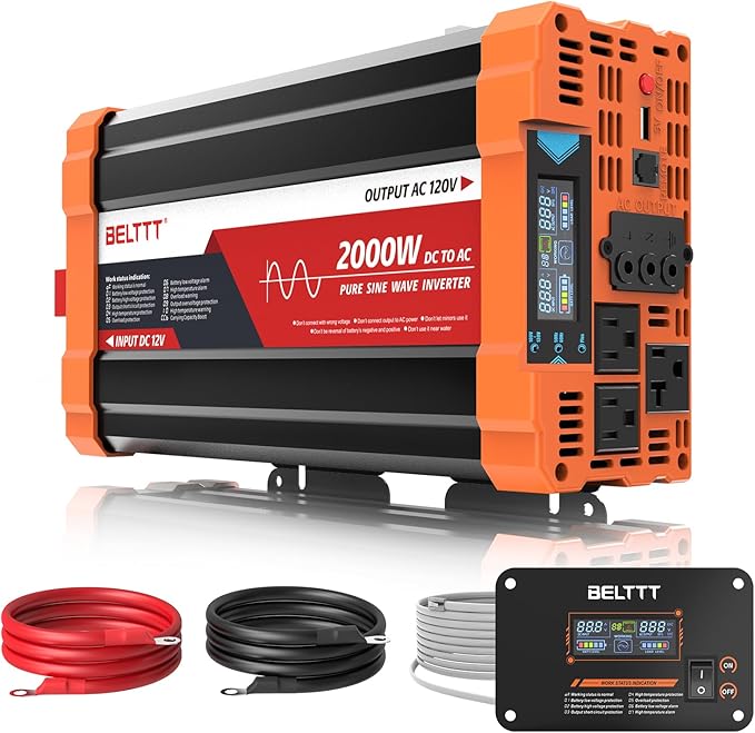 BELTTT 2000W Pure Sine Wave Inverter, Inverter 12V DC to 120V AC for Solar, RV, Truck, Outdoor, Power Inverter with Dual AC and 20A Socket, 5V 2.1A USB, Surge 4000W, Hardwire Port, Remote Controller by BELTTT