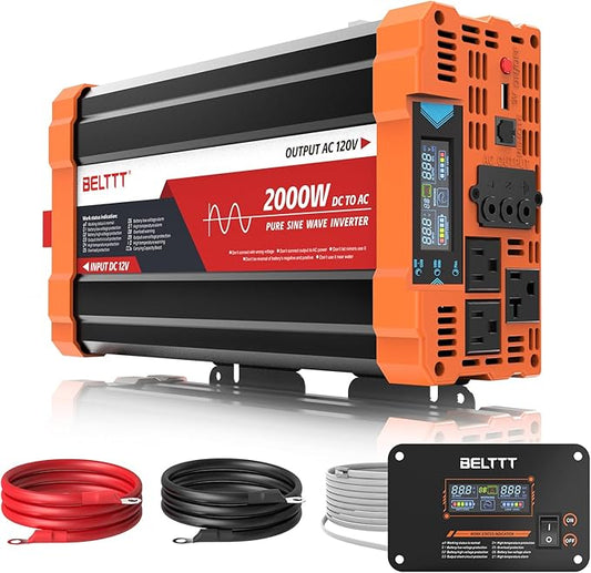 BELTTT 2000W Pure Sine Wave Inverter, Inverter 12V DC to 120V AC for Solar, RV, Truck, Outdoor, Power Inverter with Dual AC and 20A Socket, 5V 2.1A USB, Surge 4000W, Hardwire Port, Remote Controller by BELTTT