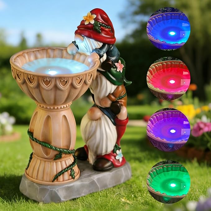 Garden Gnomes Outdoor Gnomes Garden Decorations for Yard Colorful Lights Resin Solar Outdoor Statues with Bird Bath Feeder Funny Outside Lawn Patio Housewarming Gifts 6.25 * 4.25 * 9.25 in