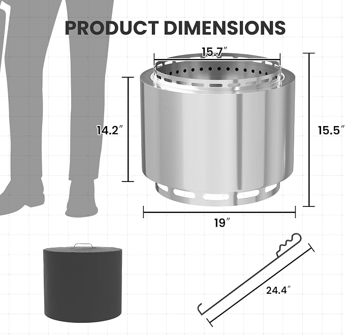 19 Inch Smokeless Fire Pit, Portable Outdoor Stainless Steel Fire Pit for Patio Backyard Garden Camping, Smokeless Technology - Image 2