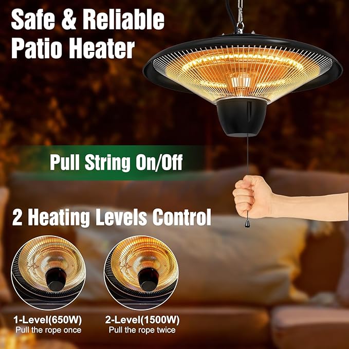 Patio Heater, 1500W Outdoor Heaters for Patio Ultra-Quiet Electric Heating Lamp Waterproof with 2 Heating Levels Overheat Protection, Ceiling Mounted Heater for Porch, Garage, Balcony