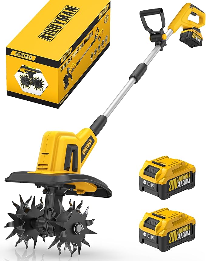 Alloyman 20V Cordless Tiller Cultivator, 360RPM Electric Garden Tiller, with 2 * 4.0Ah Batteries & Charger, 9In Tilling Width and 6.6In Depth Garden Rototiller for Lawn/Gardening/Soil Cultivation by ALLOYMANProfessionalTools