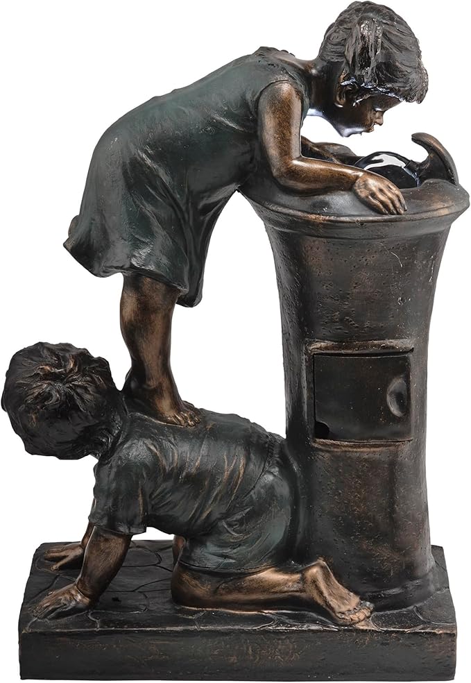 Alpine Corporation GXT472 27" Outdoor Floor Joyful Boy and Girl Drinking Water Fountain, Playful Garden Waterfall with LED Lights – Decorative Water Feature for Patios, Yards, and Gardens, Bronze