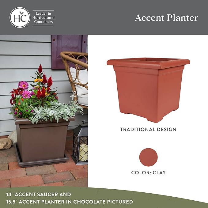 The HC Companies 15.5 Inch Accent Square Plant Pots with Drainage, Lightweight UV-Resistant Plastic Planters for Indoor & Outdoor Plants, 2-Pack Flower Pots for Garden, Office & Home Decor, Clay