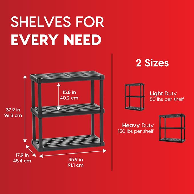 IRIS USA 3-Shelf Heavy Duty Plastic Storage Shelves, 450lb Capacity, 38" H x 36" W x 18" D, Large Modular Shelving Unit Storage Organizer for Garage, Home, Warehouse & Gym, Storage Rack - Black - Image 2