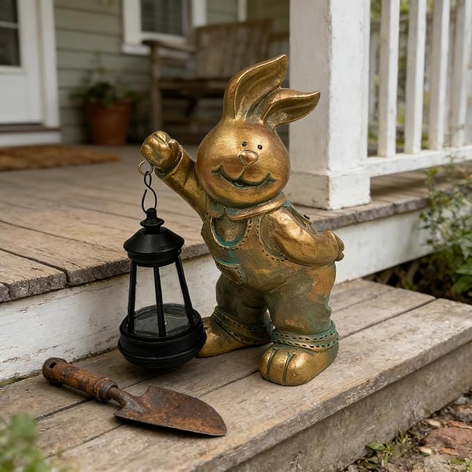 Outdoor Bunny Statue Solar Lantern for Garden Yard Lawn Patio Bronze Rabbit Figurine Decorations Housewarming for Mom Grandma Women