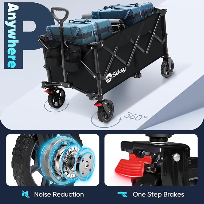 Sekey Collapsible Foldable Wagon with 330lbs Weight Capacity, Heavy Duty Folding Wagon Cart with Big All-Terrain Wheels & Drink Holders. Black - Image 6