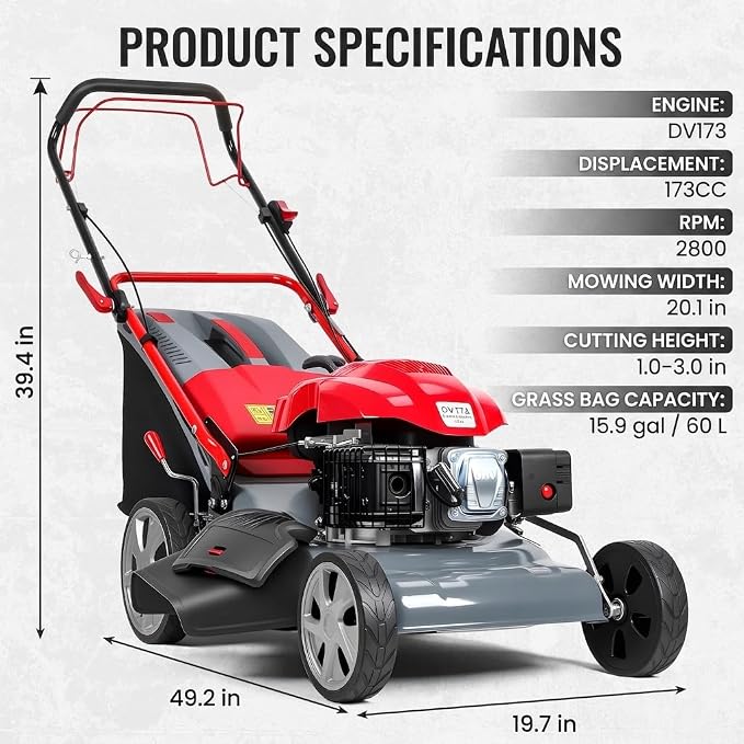 173cc Gas Lawn Mower, Self-Propelled Rear Wheel Drive, Adjustable 3-Speed Settings, 20" Cutting Width, 60L Grass Catcher, Ideal for Large Lawns, Easy Start & Efficient Grass Collect Red - Image 2