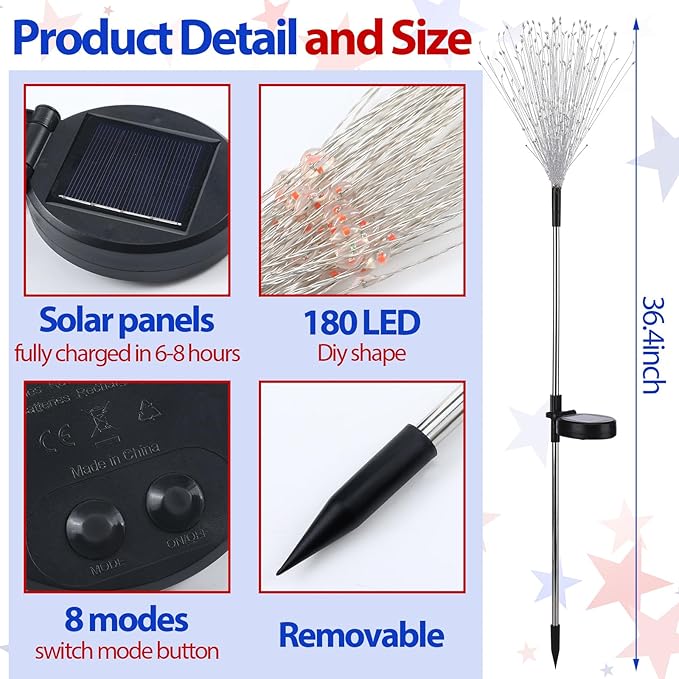 9 Pcs 4th of July Solar Firework Stake Lights 180 LED 8 Modes Solar Waterproof LED Sparkler Lights Outdoor Patriotic Decoration for Memorial Independence Day Garden Patio Yard (Red, Blue, White)
