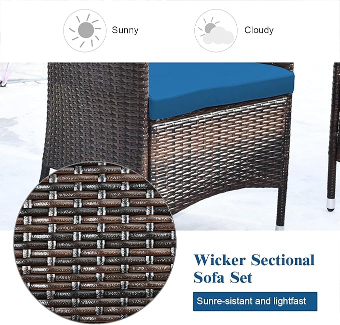 Tangkula 8 Pieces Patio Rattan Conversation Set with Tempered Glass Coffee Table & Thick Cushion, Wicker Set for Garden, Lawn, Poolside and Backyard