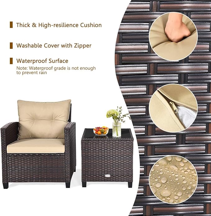 KOTEK 3 Piece Patio Furniture Set, Outdoor Conversation Set with Washable Cushions & Tempered Glass Tabletop, PE Rattan Wicker Bistro Set for Porch, Garden, Balcony (Beige)