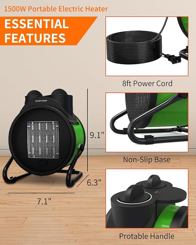 Buyplus Outdoor Heaters for Patio, 1500W Electric Garage Heater with 90°Adjustable Angle, Overheat Protection & 2S Fast Heating, Greenhouse Heater for Patio, Garage, Greenhouse, Indoor Outdoor, Green