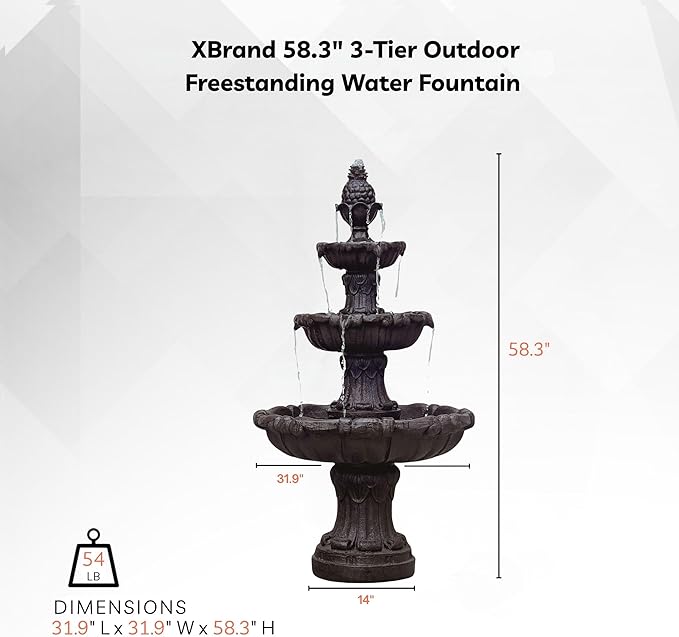 XBrand 58.3" 3-Tier Outdoor Freestanding Water Fountain - Classic Leaf Design, White Resin, Large Bird Bath with Pump - Ideal for Yard, Lawn and Garden, Porch Décor