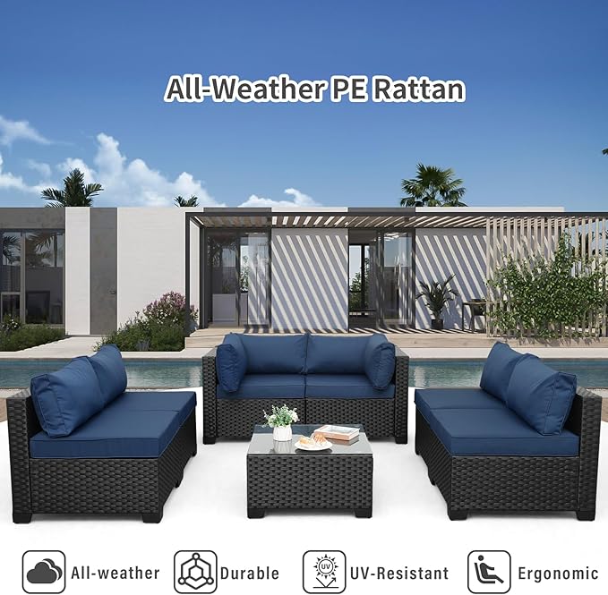 Valita 7 Pieces Outdoor Wicker Furniture Conversation Set Patio Sectional Sofa Set Glass Table with Non-Slip Cushions Furniture Cover, Navy Blue