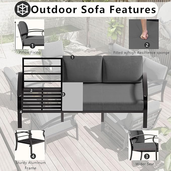 Patio Furniture Set 7-Piece Aluminum Armrest Sofa, Modern Outdoor Living Room Set with 55000 BTU Propane Aluminum Fireplace, Outdoor Rotary Joystick with Thick Cushion