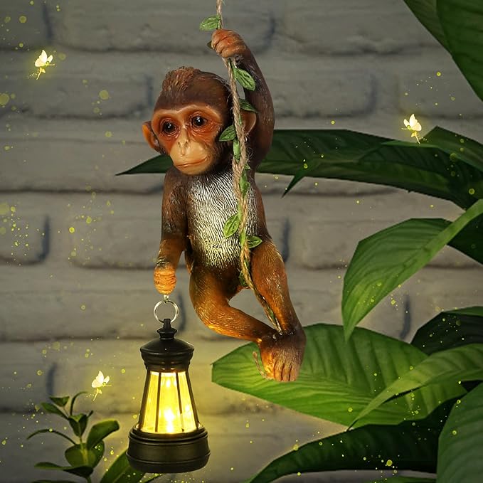 Solar Light Outdoor Monkey Statues Brown 7.48 Inch Resin Chimpanzee Baby Monkey Climbing on Vine with LED Lantern Waterproof Hanging Figurine with Hook for Yard Garden Wall