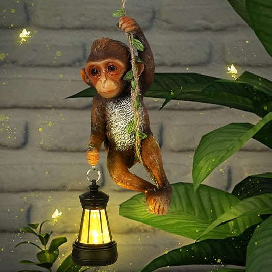 Solar Light Outdoor Monkey Statues Brown 7.48 Inch Resin Chimpanzee Baby Monkey Climbing on Vine with LED Lantern Waterproof Hanging Figurine with Hook for Yard Garden Wall